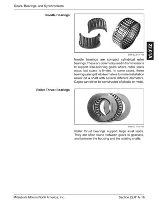 16Section 22.01AMitsubishi Motors North America, Inc.
Gears, Bearings, and Synchronizers
22.01A
Slide 22.01A-16a
Needle bearings are compact cylindrical roller
bearings.Thesearecommonlyusedintransmissions
to support free-spinning gears where radial loads
occur, but space is limited. In some cases, these
bearings are split into two halves to make installation
easier on a shaft with several different diameters.
Cages can either be constructed of plastic or metal.
Needle Bearings
Roller thrust bearings support large axial loads.
They are often found between gears in gearsets,
and between the housing and the rotating shafts.
Roller Thrust Bearings
Slide 22.01A-16b
 