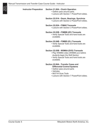 6Course Guide Mitsubishi Motors North America, Inc.
Manual Transmission and Transfer Case Course Guide - Instructor
Course
Guide
Instructor Preparation Section 21.00A - Clutch Operation
	 • Gather pass around parts.
	 • Lecture with Section 1 PowerPoint slides.
Section 22.01A - Gears, Bearings, Synchros
	 • Lecture with Section 2 PowerPoint slides.
Section 22.02A - F5M42 Transaxle
	 • Lecture with Section 3 PowerPoint slides.
Section 22.03B - F5MBB (ZC) Transaxle
	 • Verify Special Tools and hand tools are 	
	 available.
Section 22.04B - F5MBD (EL) Transaxle
	 • Verify Special Tools and hand tools are 	
	 available.
Section 22.05B - W5M6A (EVO) Transaxle
	 • Play W5M6A video (W5M6A.avi) before 	
	 students begin the Skill Section
	 • Verify Special Tools and hand tools are 	
	 available.
Section 22.06A - Transfer Cases and 			
	 Differential Control Systems
	 • Gather pass around parts
	 • Vehicles
	 • MUT-III Scan Tools
	 • Lecture with Section 7 PowerPoint slides.
 