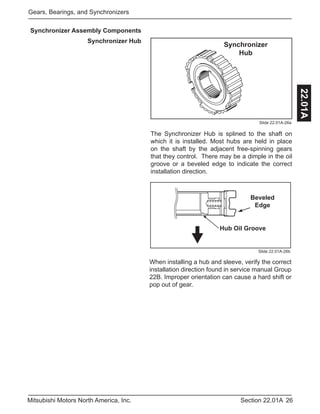 26Section 22.01AMitsubishi Motors North America, Inc.
Gears, Bearings, and Synchronizers
22.01A
Synchronizer Assembly Components
Synchronizer Hub
Slide 22.01A-26a
Synchronizer
Hub
The Synchronizer Hub is splined to the shaft on
which it is installed. Most hubs are held in place
on the shaft by the adjacent free-spinning gears
that they control. There may be a dimple in the oil
groove or a beveled edge to indicate the correct
installation direction.
When installing a hub and sleeve, verify the correct
installation direction found in service manual Group
22B. Improper orientation can cause a hard shift or
pop out of gear.
Hub Oil Groove
Sleeve
Notch
Slide 22.01A-26b
Beveled
Edge
Hub Oil Groove
 