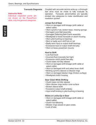 Instructor Note:
Individual inspection points are
not shown on the PowerPoint
slide, only the general categories.
33Section 22.01A Mitsubishi Motors North America, Inc.
Gears, Bearings, and Synchronizers22.01A
Transaxle Diagnosis Coupled with accurate service write-up, a thorough
test drive must be made to fully evaluate its
operation. Transaxle abnormalities are typically
divided into categories to make identification and
resolution quicker.
Jumps Out of Gear
• Worn or damaged shift linkage (shift cable or 	 	
select cable)
• Worn synchro hub, broken keys, missing springs
• Damaged Lock Ball assembly
• Damaged Selecting Bell-Crank assembly
• Misaligned or loose transaxle or clutch housing
• Worn pilot bushing (or bearing)
• Bent or badly worn shift fork or rail
• Badly worn input or output shaft bearings
• Excessive input or output shaft end play
• Worn or loose powertrain mounts
Hard to Shift
• Low fluid level
• Incorrect fluid (viscosity too high)
• Excessive clutch pedal free play
• Clutch does not fully release
• Worn or damaged shift linkage (shift cable or 	 	
select cable)
• Worn or damaged shift and select lever shaft
• Binding synchro sleeves or blocker rings
• Worn or damaged blocker rings (friction surface)
• Misaligned clutch housing
Gear Clash While Shifting
• Clutch does not fully release
• Worn blocker rings and/or cone surface
• Broken sleeve teeth
• Excessive output shaft endplay
• Input shaft binding in pilot bushing or bearing
Sticks or Locks-Up in Gear
• Worn or damaged shift linkage (shift cable or 	 	
select cable)
• Clutch not releasing
• Blocker rings seized on gear cones
• Lack of lube
 