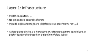 Layer 1: Infrastructure
 Switches, routers, …
 No embedded control software
 Include open and standard interfaces (e.g. OpenFlow, POF, …)
 A data plane device is a hardware or software element specialized in
packet forwarding based on a pipeline of flow tables
7
 