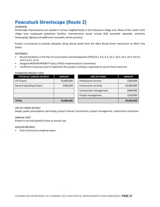 STONINGTON DEPARTMENT OF PLANNING 2017-2018 CAPITAL IMPROVEMENT PLAN SUBMISSION | PAGE 17
Pawcatuck Streetscape (Route 2)
OVERVIEW
Streetscape improvements are needed in various neighborhoods in the Pawcatuck village area. Many of the roads in this
village have inadequate pedestrian facilities. Improvements would include ADA accessible sidewalks, attractive
landscaping, lighting and additional crosswalks, where practical.
Project is envisioned to provide sidewalks along Liberty Street from the West Broad Street intersection to West Vine
Street.
RATIONALE
 Recommendation in the Plan of Conservation and Development [POCD 8.1; 8.2; 8.3; 10.1; 10.2; 10.3; 10.4; 10.4.4;
10.4.5;13.2; 13.3]
 Assigned MEDIUM PRIORITY Status [POCD Implementation Committee]
 Insufficient resources exist to implement this project; Funding is requested to secure those resources
ESTIMATED PROJECT COST
POTENTIAL FUNDING SOURCES AMOUNT USES OF FUNDS AMOUNT
CIP (Town) $3,800,000 Professional services $350,000
General operating (Town) $200,000 Construction services $3,000,000
Construction management $400,000
Project management $250,000
TOTAL $4,000,000 $4,000,000
USE OF FUNDS DETAILS
Design; public participation; permitting; project manual; construction; project management, construction inspection
ANNUAL COST
Project is not anticipated to have an annual cost
SUCCESS METRICS
 Post-construction property values
 