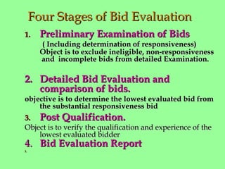 Four Stages of Bid EvaluationFour Stages of Bid Evaluation
1.1. Preliminary Examination of BidsPreliminary Examination of Bids
( Including determination of responsiveness)( Including determination of responsiveness)
Object is to exclude ineligible, non-responsivenessObject is to exclude ineligible, non-responsiveness
and incomplete bids from detailed Examination.and incomplete bids from detailed Examination.
2.2. Detailed Bid Evaluation andDetailed Bid Evaluation and
comparison of bids.comparison of bids.
objective is to determine the lowest evaluated bid fromobjective is to determine the lowest evaluated bid from
the substantial responsiveness bidthe substantial responsiveness bid
3.3. Post Qualification.Post Qualification.
Object is to verify the qualification and experience of theObject is to verify the qualification and experience of the
lowest evaluated bidderlowest evaluated bidder
4.4. Bid Evaluation ReportBid Evaluation Report..
1.1.
 