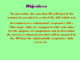 Objectives
To determine the cost that PEwill incurif the
contract is awarded to each of the bid which was
determined as a substantial responsive bid .
This stage, bids are compared with each other
forthe purpose of comparison and to determine
the lowest evaluated cost that will be incurred by
the PEfrom the substantially responsive bids
received.
 