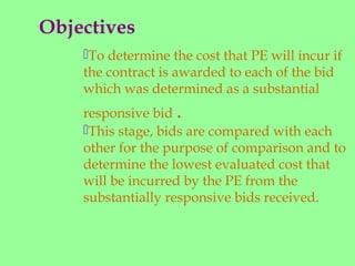 Objectives
To determine the cost that PE will incur if
the contract is awarded to each of the bid
which was determined as a substantial
responsive bid .
This stage, bids are compared with each
other for the purpose of comparison and to
determine the lowest evaluated cost that
will be incurred by the PE from the
substantially responsive bids received.
 
