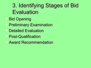 3. Identifying Stages of Bid3. Identifying Stages of Bid
EvaluationEvaluation
 Bid OpeningBid Opening
 Preliminary ExaminationPreliminary Examination
 Detailed EvaluationDetailed Evaluation
 Post-QualificationPost-Qualification
 Award RecommendationAward Recommendation
 