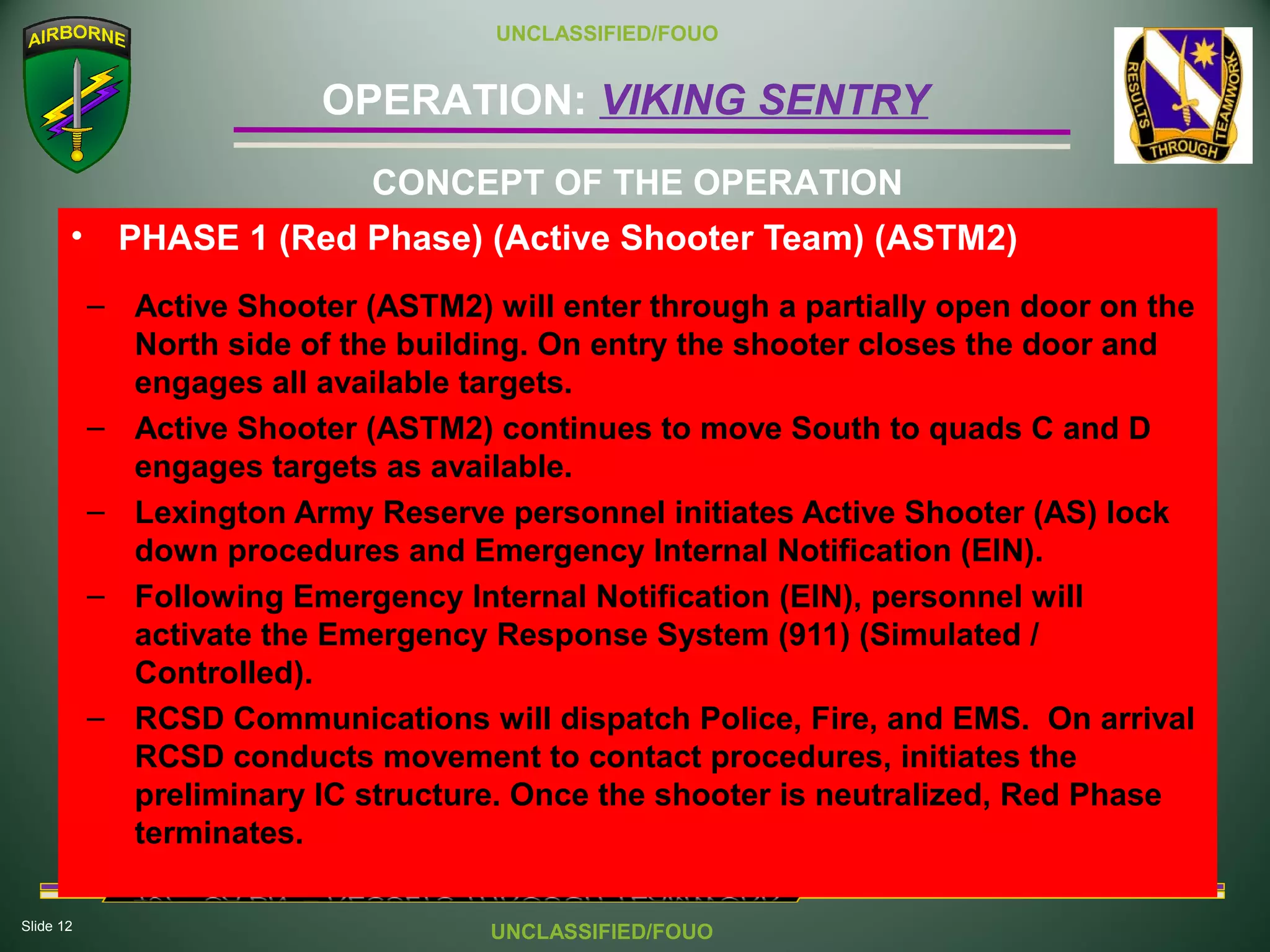 Slide 12
OPERATION: VIKING SENTRY
UNCLASSIFIED/FOUO
UNCLASSIFIED/FOUO
• PHASE 1 (Red Phase) (Active Shooter Team) (ASTM2)
– Active Shooter (ASTM2) will enter through a partially open door on the
North side of the building. On entry the shooter closes the door and
engages all available targets.
– Active Shooter (ASTM2) continues to move South to quads C and D
engages targets as available.
– Lexington Army Reserve personnel initiates Active Shooter (AS) lock
down procedures and Emergency Internal Notification (EIN).
– Following Emergency Internal Notification (EIN), personnel will
activate the Emergency Response System (911) (Simulated /
Controlled).
– RCSD Communications will dispatch Police, Fire, and EMS. On arrival
RCSD conducts movement to contact procedures, initiates the
preliminary IC structure. Once the shooter is neutralized, Red Phase
terminates.
CONCEPT OF THE OPERATION
 