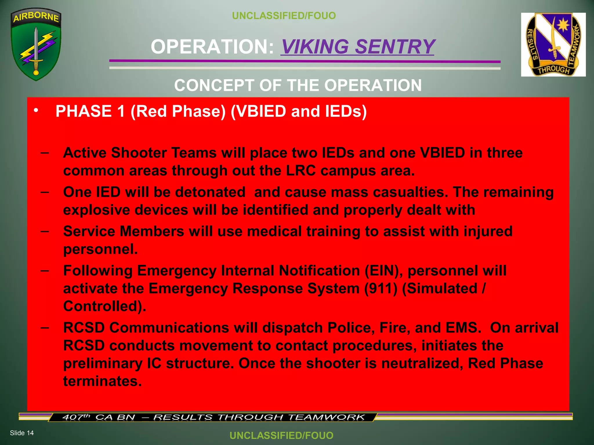 Slide 14
OPERATION: VIKING SENTRY
UNCLASSIFIED/FOUO
UNCLASSIFIED/FOUO
• PHASE 1 (Red Phase) (VBIED and IEDs)
– Active Shooter Teams will place two IEDs and one VBIED in three
common areas through out the LRC campus area.
– One IED will be detonated and cause mass casualties. The remaining
explosive devices will be identified and properly dealt with
– Service Members will use medical training to assist with injured
personnel.
– Following Emergency Internal Notification (EIN), personnel will
activate the Emergency Response System (911) (Simulated /
Controlled).
– RCSD Communications will dispatch Police, Fire, and EMS. On arrival
RCSD conducts movement to contact procedures, initiates the
preliminary IC structure. Once the shooter is neutralized, Red Phase
terminates.
CONCEPT OF THE OPERATION
 