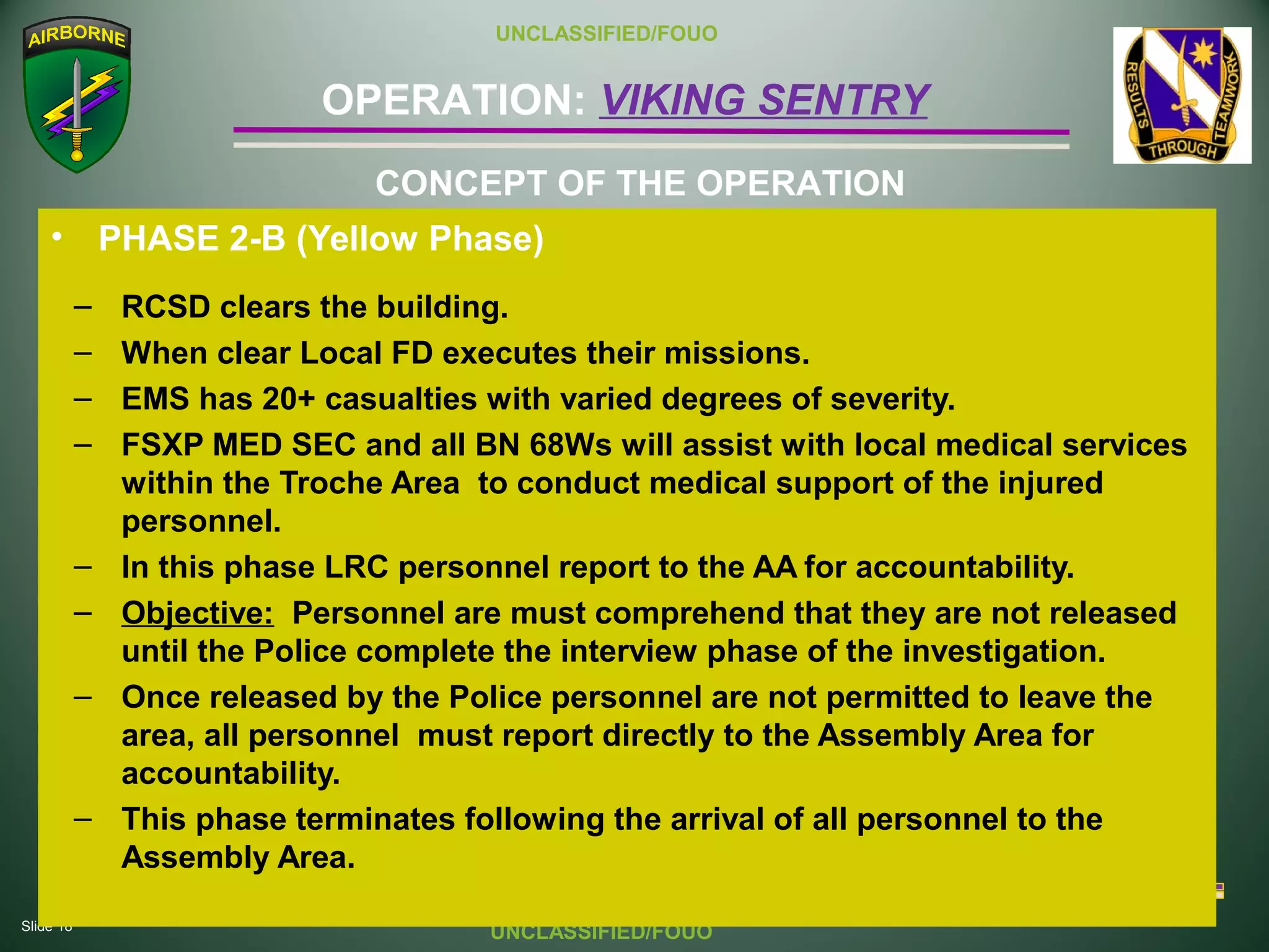 Slide 18
OPERATION: VIKING SENTRY
UNCLASSIFIED/FOUO
UNCLASSIFIED/FOUO
• PHASE 2-B (Yellow Phase)
– RCSD clears the building.
– When clear Local FD executes their missions.
– EMS has 20+ casualties with varied degrees of severity.
– FSXP MED SEC and all BN 68Ws will assist with local medical services
within the Troche Area to conduct medical support of the injured
personnel.
– In this phase LRC personnel report to the AA for accountability.
– Objective: Personnel are must comprehend that they are not released
until the Police complete the interview phase of the investigation.
– Once released by the Police personnel are not permitted to leave the
area, all personnel must report directly to the Assembly Area for
accountability.
– This phase terminates following the arrival of all personnel to the
Assembly Area.
CONCEPT OF THE OPERATION
 