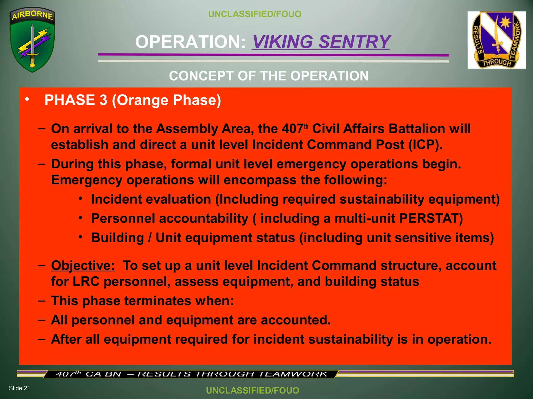 Slide 21
OPERATION: VIKING SENTRY
UNCLASSIFIED/FOUO
UNCLASSIFIED/FOUO
• PHASE 3 (Orange Phase)
– On arrival to the Assembly Area, the 407th
Civil Affairs Battalion will
establish and direct a unit level Incident Command Post (ICP).
– During this phase, formal unit level emergency operations begin.
Emergency operations will encompass the following:
• Incident evaluation (Including required sustainability equipment)
• Personnel accountability ( including a multi-unit PERSTAT)
• Building / Unit equipment status (including unit sensitive items)
– Objective: To set up a unit level Incident Command structure, account
for LRC personnel, assess equipment, and building status
– This phase terminates when:
– All personnel and equipment are accounted.
– After all equipment required for incident sustainability is in operation.
CONCEPT OF THE OPERATION
 