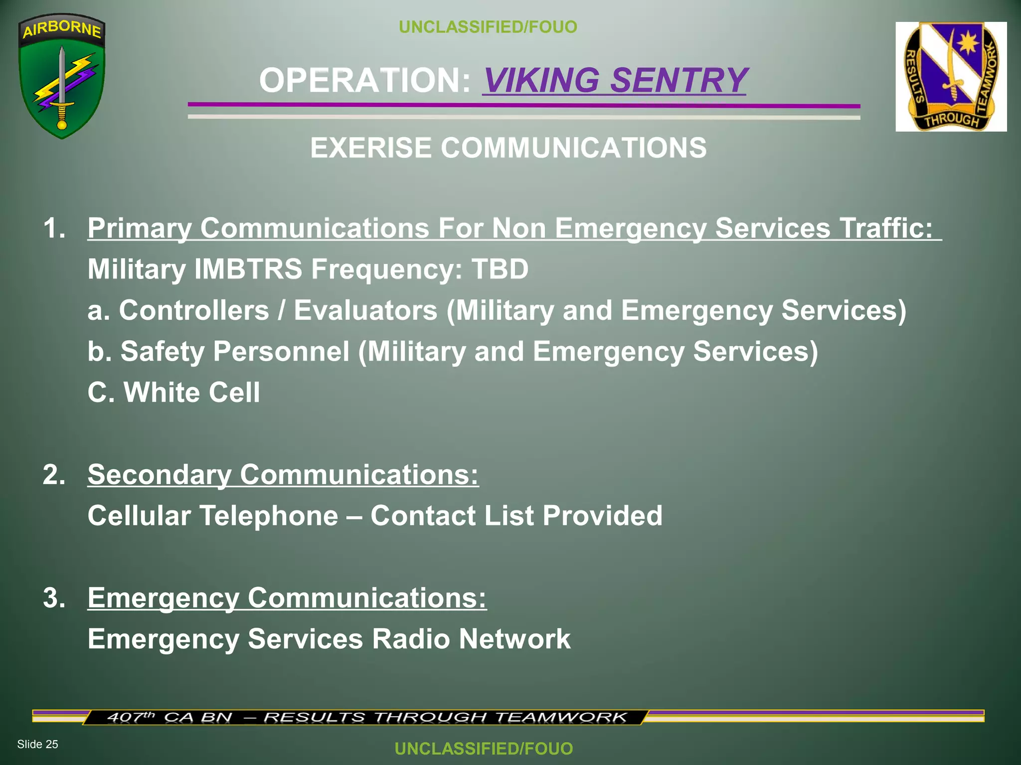 Slide 25
OPERATION: VIKING SENTRY
UNCLASSIFIED/FOUO
UNCLASSIFIED/FOUO
1. Primary Communications For Non Emergency Services Traffic:
Military IMBTRS Frequency: TBD
a. Controllers / Evaluators (Military and Emergency Services)
b. Safety Personnel (Military and Emergency Services)
C. White Cell
2. Secondary Communications:
Cellular Telephone – Contact List Provided
3. Emergency Communications:
Emergency Services Radio Network
EXERISE COMMUNICATIONS
 