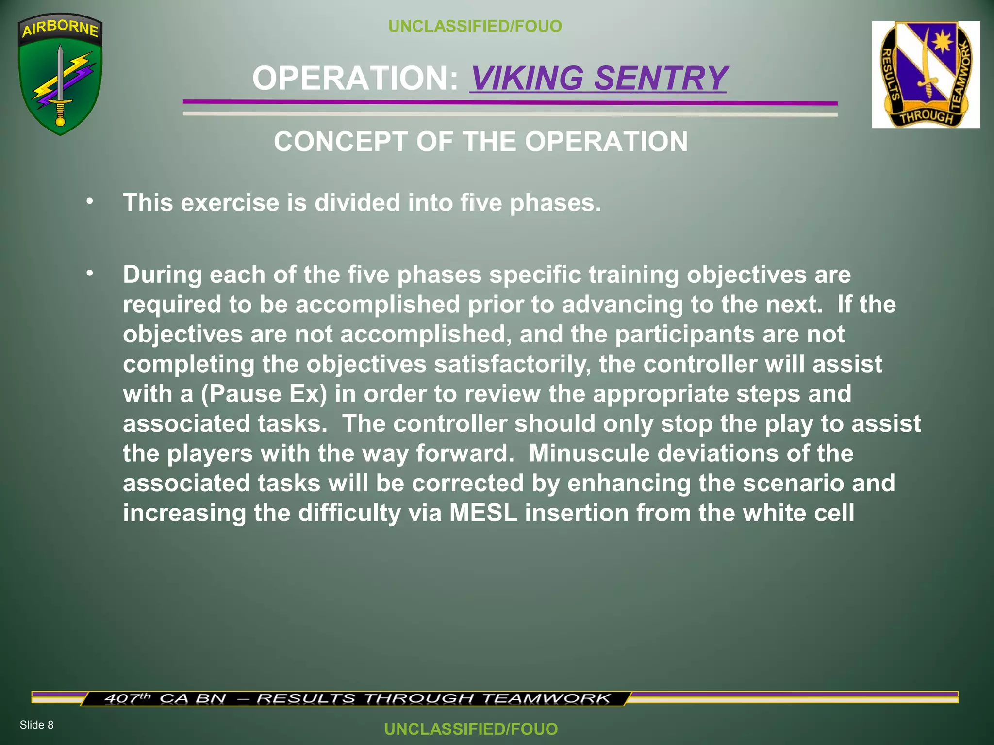 Slide 8
OPERATION: VIKING SENTRY
UNCLASSIFIED/FOUO
UNCLASSIFIED/FOUO
• This exercise is divided into five phases.
• During each of the five phases specific training objectives are
required to be accomplished prior to advancing to the next. If the
objectives are not accomplished, and the participants are not
completing the objectives satisfactorily, the controller will assist
with a (Pause Ex) in order to review the appropriate steps and
associated tasks. The controller should only stop the play to assist
the players with the way forward. Minuscule deviations of the
associated tasks will be corrected by enhancing the scenario and
increasing the difficulty via MESL insertion from the white cell
CONCEPT OF THE OPERATION
 
