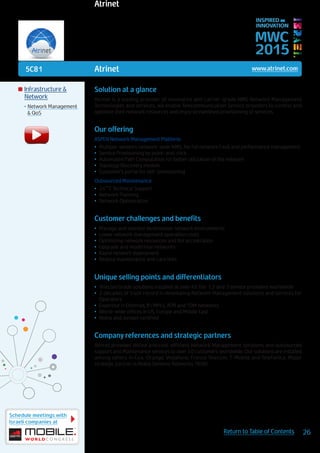 5C81
Schedule meetings with
Israeli companies at
26Return to Table of Contents
MWC
2015
INSPIRED BY
INNOVATION
	Infrastructure &
Network
•	Network Management
& QoS
Solution at a glance
Atrinet is a leading provider of innovative and carrier-grade NMS Network Management
Technologies and services, we enable Telecommunication Service providers to control and
optimize their network resources and enjoy streamlined provisioning of services.
Our offering
ASPEN Network Management Platform:
•	 Multiple-vendors network-wide NMS, for full network Fault and performance management.
•	 Service Provisioning by point-and-click
•	 Automated Path Computation for better utilization of the network
•	 Topology Discovery module
•	 Customer’s portal for self-provisioning
Outsourced Maintenance:
•	 24*7 Technical Support
•	 Network Planning
•	 Network Optimization
Customer challenges and benefits
•	 Manage and monitor multivendor network environments
•	 Lower network management operation costs
•	 Optimizing network resources and RoI acceleration
•	 Upgrade and modernize networks
•	 Rapid network deployment
•	 Reduce maintenance and care fees
Unique selling points and differentiators
•	 Telecom Grade solutions installed at over 45 Tier 1,2 and 3 service providers worldwide
•	 2 decades of track record in developing Network Management solutions and services for
Operators
•	 Expertise in Ethernet, IP/MPLS, ATM and TDM networks
•	 World-wide offices in US, Europe and Middle East
•	 Nokia and Juniper certified
Company references and strategic partners
Atrinet provides skilled and cost-efficient Network Management solutions and outsourced
support and Maintenance services to over 40 customers worldwide. Our solutions are installed
among others in Cox, Orange, Vodafone, France Telecom, T-Mobile and Telefonica. Major
strategic partner is Nokia Siemens Networks (NSN)
Atrinet www.atrinet.com
Atrinet
 