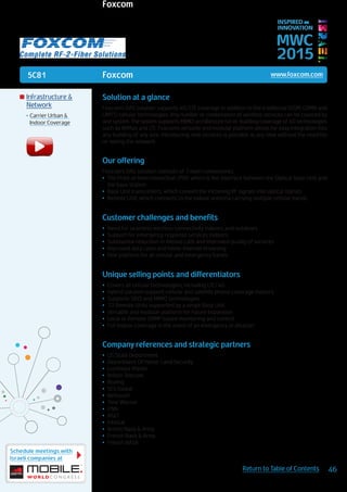 5C81
Schedule meetings with
Israeli companies at
46Return to Table of Contents
MWC
2015
INSPIRED BY
INNOVATION
	Infrastructure &
Network
•	Carrier Urban &
Indoor Coverage
Solution at a glance
Foxcom’s DAS solution supports 4G/LTE coverage in addition to the traditional (GSM, CDMA and
UMTS) cellular technologies. Any number or combination of wireless services can be covered by
one system. The system supports MIMO architecture for in-building coverage of 4G technologies
such as WiMax and LTE. Foxcom’s versatile and modular platform allows for easy integration into
any building of any size. Introducing new services is possible at any time without the need for
re-wiring the network.
Our offering
Foxcom’s DAS solution consists of 3 main components:
•	 The Point of Interconnection (POI) which is the interface between the Optical Base Unit and
the base station
•	 Base Unit transceivers, which convert the incoming RF signals into optical signals
•	 Remote Unit, which connects to the indoor antenna carrying multiple cellular bands
Customer challenges and benefits
•	 Need for seamless wireless connectivity indoors and outdoors
•	 Support for emergency response services indoors
•	 Substantial reduction in missed calls and improved quality of services
•	 Improved data rates and faster Internet browsing
•	 One platform for all cellular and emergency bands
Unique selling points and differentiators
•	 Covers all cellular technologies, including LTE/4G
•	 Hybrid solution support cellular and satellite phone coverage indoors
•	 Supports SISO and MIMO technologies
•	 32 Remote Units supported by a single Base Unit
•	 Versatile and modular platform for future expansion
•	 Local or Remote SNMP based monitoring and control
•	 Full indoor coverage in the event of an emergency or disaster
Company references and strategic partners
•	 US State Department
•	 Department Of Home-Land Security
•	 Lockheed Martin
•	 British Telecom
•	 Boeing
•	 SES Global
•	 Bellsouth
•	 Time Warner
•	 CNN
•	 AT&T
•	 Intelsat
•	 British Navy & Army
•	 French Navy & Army
•	 French NASA
Foxcom www.foxcom.com
Foxcom
 