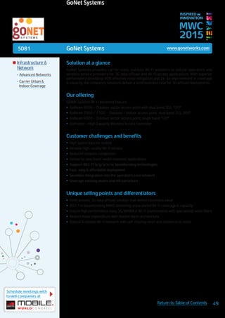 5D81
Schedule meetings with
Israeli companies at
49Return to Table of Contents
MWC
2015
INSPIRED BY
INNOVATION
	Infrastructure &
Network
•	Advanced Networks
•	Carrier Urban &
Indoor Coverage
GoNet Systems www.gonetworks.com
Solution at a glance
GoNet Systems provides carrier-class, outdoor Wi-Fi solutions to cellular operators and
wireless service providers for 3G data offload and Wi-Fi access applications. With superior
performance providing 90% effective noise mitigation and 2x-4x improvement in coverage
& capacity, the company’s solutions deliver a solid business case for 3G offload deployments.
Our offering
GoNet Systems Wi-Fi solutions feature:
•	 GoBeam 8000 – Outdoor sector access point with dual band 3SS, 120º
•	 GoBeam 7000 / 7100 - Outdoor / indoor access point dual band 3SS, 360º
•	 GoBeam 9000 – Outdoor sector access point, single band 120º
•	 GoMaster – High Capacity Wireless Access Controller
Customer challenges and benefits
•	 High speed data for mobile
•	 Reliable high-quality Wi-Fi service
•	 Reduced network congestion
•	 Deliver to new, band-width intensive applications
•	 Support 802.11 b/g/a/n/ac beamforming technologies
•	 Fast, easy & affordable deployment
•	 Seamless integration into the operator’s core network
•	 Leverage existing assets and infrastructure
Unique selling points and differentiators
•	 Field-proven, 3G data offload solution that delivers business value
•	 802.11n beamforming MIMO delivering unparalleled Wi-Fi coverage & capacity
•	 Ensure high performance noisy 3G, WiMAX & Wi-Fi environments with specialized, noise filters
•	 Reduce initial expenditure with flexible mesh architecture
•	 Robust & reliable Wi-Fi network with self-healing mesh and resilience to noise
GoNet Systems
 