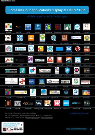 Schedule meetings with
Israeli companies at
88Return to Table of Contents 88
Schedule meetings with
Israeli companies at
Schedule meetings with
Israeli companies at
Come visit our applications display at Hall 5 ■
D81
For further information: Israel Export Institute
Mr. Ilan Rozenberg ■ Marketing Coordinator ■ Tel: +972 3 514 2926
Mobile +972 52 65 37 569 ■ ilanr@export.gov.il ■ www.export.gov.il
and many more…
Mobile apps: Israel's the hot spot
ai.type ► BeeHD ► BIS ► Shoplace ► Bondinet ► BoomeRing ► BreezoMeter ►
ClassInteract ►
jacada ►
mcemedia ►
n-sip ►
Sodyo ►
TvTak ►
communitake ► Dario ► Dumpster ►
Flayvr ► Craze ► Netalizer ►Facetune ►
justAd ► Keeprz ►
Ok2go ►
SpeakingPal ►
VBox ►
Pango ►
Tekoia ►
vivotext ►
Lacoon ►
Mobile Tornado ►
pickntell ►
Telemessage ►
Waking app ►
E2C ► Learn English ►
Ginger ►
latto ►
PointGrab ►
tipranks ►
Watchitoo ►
glide ►
Lexifone ► Magisto ► Syntomo ►
mobiwol ►Audiocodes ►Aerotel ► Musketeer ►
Pronto ►
TourPal ► travee ►
Web2go ►
Essence ► EverNav ►
Inpris ►I choose ►
Mximo ►
SCANOVATE ►
Wink app ►Wibbitz ►
isityou ►
mboxmusic ►
mycheck ►
Shopnfly ►
tv point ►
Zimperium ►
Callup ► cellrox ►
LINKS IN PRINT
Israel’s Mobile Apps
 