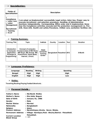 Specialization:
Fields of
Specialization
Description

Compliance
 Labor Law
 Labor
Management

Recruitment
 Training
 H.I.V
I am adopt as Implemented successfully Legal action, labor law, Proper way to
execute recruitment and selection procedure, Handling of Administrative
functions independently, Corresponding Office order and it implemented, Know
how the Compliance activities execute and fire protection management i.e. Fire
drill, Hose drill, Health and safety Procedure, Chilled care, sanitation facilities etc.
 Training Summary:
Training Title Topic Institute Country Location Year Duration
Introduction
to Computer
Application
Packages &
Programming'
Concept of computer,
Fundamentals of MS Word,
MS Excel, MS Access, MS
PowerPoint, Visual Basic,
Internet , E-mail,
Adyta
Computer
Training
Center
Bangladesh Patuakhali 2012 6 Month
 Language Proficiency:
Language Reading Writing Speaking
Bengal High High High
English High High Low
 Hobby:
Travelling,Reading,Playing,Football,Novelsetc .
 Personal Details :
Father's Name : Md.Manik Mridha
Mother's Name : Mrs.Jakia Begum
Date of Birth : January 01, 1986
Gender : Male
Marital Status : Married
Nationality : Bangladeshi
Religion
Present Address
:
:
Islam
Narshinhopur,Ahulia, Savar, Dhaka.
Permanent Address : Village: Kamlapur,Post: Bhuria,District: Patuakhali.
Current Location
Blood Group
:
Patuakhali.
: o+
 