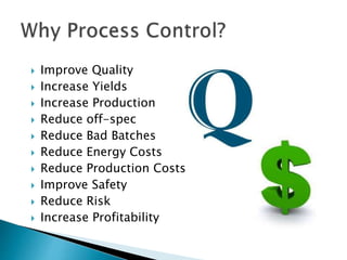  Improve Quality
 Increase Yields
 Increase Production
 Reduce off-spec
 Reduce Bad Batches
 Reduce Energy Costs
 Reduce Production Costs
 Improve Safety
 Reduce Risk
 Increase Profitability
 