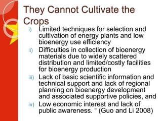 They Cannot Cultivate the
Crops
i) Limited techniques for selection and
cultivation of energy plants and low
bioenergy use efficiency
ii) Difficulties in collection of bioenergy
materials due to widely scattered
distribution and limited/costly facilities
for bioenergy production
iii) Lack of basic scientific information and
technical support and lack of regional
planning on bioenergy development
and associated supportive policies, and
iv) Low economic interest and lack of
public awareness. “ (Guo and Li 2008)
 