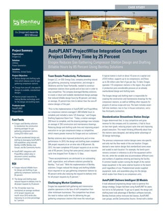 Case Study
Bentley
®
InRoads
®
Powerful tools for the design of civil infrastructure
AutoPLANT-ProjectWise Integration Cuts Enogex
Project Delivery Time by 25 Percent
Enogex Reduces Gas Gathering Compressor Station Design and Drafting
Billable Hours by 85 Percent Using Bentley Solutions
Team Boosts Productivity, Performance
Enogex LLC, an OGE Energy Corp. company providing natural
gas gathering, processing, transportation, and storage in
Oklahoma and the Texas Panhandle, needed to construct
compressor stations more quickly and at less cost in order to
stay competitive. The company leveraged Bentley solutions
to create a robust and scalable standardized design package
that reduced billable design hours by 85 percent, and takes,
on average, 25 percent less time to deliver than the one-off
station designs of the past.
“Prior to the implementation of AutoPLANT and ProjectWise,
our compressor stations averaged 1,400 billable hours to
complete and included a mere 125 drawings,” said Enogex
Drafting Supervisor Kevin Fust. “Today, a station averages
200 hours to complete, and the drawing package now includes
an average of 350 construction and maintenance drawings.
Reducing design and drafting cycle time and improving project
execution on our gas compressors keeps us competitive,
which means greater revenue for Enogex and our customers.”
Bentley solutions also improved productivity and on-time
performance. In 2010, the design and drafting team completed
394 project requests at an on-time rate of 88 percent. By
2012, the team completed 410 project requests at an on-time
rate of 95 percent. During that same period, project request
cycle time dropped from 16 days to 12 days.
“These accomplishments are attributed to an outstanding
staff, organization, and software solutions provided by
Bentley,” Fust said. “With the implementation of Bentley
solutions, Enogex reduced the design and drafting billable
hours required on our gas gathering compressor stations by
85 percent while also reducing the request-to-delivery time
for all project requests by 25 percent.”
Challenging Market Conditions
Enogex has expanded both gathering and transmission
pipeline operations in the face of stiff competition from
other midstream businesses. This competition has driven
the need to reduce cycle time for delivering the gas
gathering compressor stations that move the natural gas.
A typical station is built on about 10 acres at a capital cost
of $10 million, supports up to six compressors, and flows
up to 36 million cubic feet of gas per day. To date, Enogex
operates 110 compressor stations in the region. Any uptick
in production puts considerable pressure on an already
overburdened design and drafting team.
The Enogex design and drafting team is responsible for
creating the construction and maintenance drawings for the
compressor stations, as well as fulfilling other requests for
projects of various scope and size. The team includes seven
full-time members, two to four in-house contractors, and a
few third-party contractors.
Standardization Streamlines Station Design
Enogex determined that, to stay competitive and grow
revenue for the company and its customers, it had to focus
on two main goals: reducing project cycle time and improving
project execution. This meant thinking differently about how
the stations were designed, and taking better advantage of
3D design technology.
The previous compression station designs were site-specific
and only met the flow needs of the one location. Enogex
devised a new station design that standardized some areas
and scaled to each location. For example, the bench point
remains constant in reference to all of the equipment within
the site, while the variable area accommodates different sizes
and numbers of pipelines entering and leaving the facility.
A common header system running the length of the station
keeps equipment in the same relative location to the bench
point regardless of size. Predetermined vendor-supplied
equipment, tools, and assemblies plug into the design,
which scales from three to six compressor units.
AutoPLANT Delivers Intelligent 3D Models
It took advanced engineering design tools to optimize this
design strategy. Enogex had been using AutoPLANT for years,
but not to its full potential. To get up to speed, the design and
drafting team took advantage of Bentley’s software tutorials,
Bentley Institute online instructor-led classes, AutoPLANT
user groups, and Be Communities forums. Armed with a better
Fast Facts
•	 Enogex used Bentley solutions
to standardize the construction
drawing packages for gas
gathering compressor stations,
costing $10 million each.
•	 The team accelerated design and
drafting by leveraging AutoPLANT’s
full capabilities using tutorials,
Bentley LEARN, Bentley User
Groups, and Be Community forums.
•	 AutoPLANT integration with
ProjectWise added value in
document control, workflow,
and project tracking.
ROI
•	 Enogex reduced billable hours
for design and drafting of gas
gathering compressor stations by
85 percent.
•	 The design and drafting team
reduced request-to-delivery time for
all project requests by 25 percent.
•	 The 10-member team has
maintained an average workload
of 42 project requests per
month since 2010 while also
improving its on-time percentage
by 7 percent.
Project Summary
Organization:
Enogex LLC
Solution:
Utilities
Power Generation
Location:
Oklahoma, United States
Project Objective:
•	 Reduce design and drafting cycle
time which reduces costs for gas
gathering compressor stations.
•	 Change from one-off, site-specific
designs to scalable, standardized
designs.
•	 Improve project execution by
making Bentley technology work
for the design and drafting team.
Products used:
AutoPLANT
ProjectWise
 