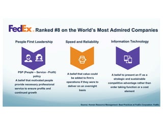PSP (People – Service - Profit)
policy
A belief that motivated people
provide necessary professional
service to ensure profits and
continued growth
A belief that value could
be added to firm’s
operations if they were to
deliver on an overnight
basis
A belief to present an IT as a
strategic and sustainable
competitive advantage rather than
order taking function or a cost
element
Ranked #8 on the World’s Most Admired Companies
Source: Human Resource Management: Best Practices at FedEx Corpoation. FedEx.
People First Leadership Speed and Reliability Information Technology
 
