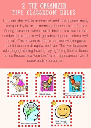 FIVE CLASSROOM RULES
2. The organizer
I rehearse the five classroom rules and their gestures many
times per day (i.e. in the morning, after recess, lunch, etc.)
During instruction, when a rule is broken, I call out the rule
number and students, with gestures, respond in chorus with
the rule. This prevents students from receiving negative
attention for their disruptive behavior. The five classroom
rules engage seeing, hearing, saying, doing (the pre-frontal
cortex, Broca’s area, Wernicke’s area, hippocampus, visual
cortex and motor cortex.)
 