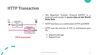 HTTP Transaction
• The Hypertext Transfer Protocol (HTTP) is a
protocol used mainly to access data on the World
Wide Web.
• HTTP functions as a combination of FTP and SMTP.
• HTTP uses the services of TCP on well-known port
80.
 Request message
 Request Line
HTTP Transaction
Mrs.B.Ida Seraphim Ap/CSE 35
 