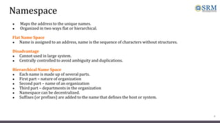 Namespace
● Maps the address to the unique names.
● Organized in two ways flat or hierarchical.
Flat Name Space
● Name is assigned to an address, name is the sequence of characters without structures.
Disadvantage
● Cannot used in large system.
● Centrally controlled to avoid ambiguity and duplications.
Hierarchical Name Space
● Each name is made up of several parts.
● First part – nature of organization
● Second part – name of an organization
● Third part – departments in the organization
● Namespace can be decentralized.
● Suffixes (or prefixes) are added to the name that defines the host or system.
4
 