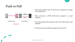 Push vs Pull
• Bob needs another pair of client-server programs: message
access programs.
• This is because an MTA client-server program is a push
program.
• The client pushes the message to the server. Bob needs a pull
program.
• The client needs to pull the message from the server.
Mrs.B.Ida Seraphim Ap/CSE 62
Push vs. pull
 