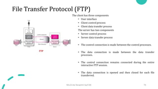 File Transfer Protocol (FTP)
The client has three components
• User interface
• Client control process
• Client data transfer process
The server has two components
• Server control process
• Server data transfer process
• The control connection is made between the control processes.
• The data connection is made between the data transfer
processes.
• The control connection remains connected during the entire
interactive FTP session.
• The data connection is opened and then closed for each file
transferred.
Mrs.B.Ida Seraphim Ap/CSE 78
FTP
 