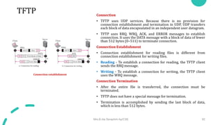 TFTP Connection
• TFTP uses UDP services. Because there is no provision for
connection establishment and termination in UDP, UDP transfers
each block of data encapsulated in an independent user datagram.
• TFTP uses RRQ, WRQ, ACK, and ERROR messages to establish
connection. It uses the DATA message with a block of data of fewer
than 512 bytes (0–511) to terminate connection.
Connection Establishment
• Connection establishment for reading files is different from
connection establishment for writing files.
• Reading - To establish a connection for reading, the TFTP client
sends the RRQ message.
• Writing - To establish a connection for writing, the TFTP client
uses the WRQ message.
Connection Termination
• After the entire file is transferred, the connection must be
terminated.
• TFTP does not have a special message for termination.
• Termination is accomplished by sending the last block of data,
which is less than 512 bytes.
Mrs.B.Ida Seraphim Ap/CSE 92
Connection establishment
 