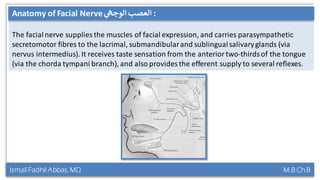 Ismail Fadhil Abbas, MD M.B.Ch.B
Introduction to Trigeminal nerve :‫ي‬‫ثالث‬ ‫عصب‬‫التؤائم‬
The facialnerve supplies the muscles of facial expression, and carries parasympathetic
secretomotor fibres to the lacrimal, submandibularand sublingualsalivaryglands (via
nervus intermedius). It receives taste sensation from the anterior two-thirds of the tongue
(via the chorda tympani branch), and also provides the efferent supply to several reflexes.
Anatomy of Facial Nerve :‫ي‬‫الوجه‬ ‫العصب‬
 