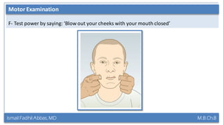 Ismail Fadhil Abbas, MD M.B.Ch.B
Anatomy of Trigeminal nerve
F- Test power by saying: ‘Blow out your cheeks with your mouth closed’
Motor Examination
 