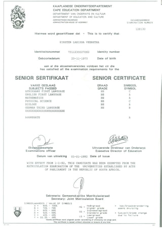 Kirsten Veenstra Matric Certificate