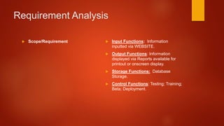Requirement Analysis
 Scope/Requirement  Input Functions: Information
inputted via WEBSITE.
 Output Functions: Information
displayed via Reports available for
printout or onscreen display.
 Storage Functions: Database
Storage.
 Control Functions: Testing; Training;
Beta; Deployment.
 
