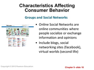 Chapter  5-­ slide  18
Copyright  ©  2012  Pearson  Education
Characteristics  Affecting  
Consumer  Behavior
• Online	
  Social	
  Networks	
  are	
  
online	
  communities	
  where	
  
people	
  socialize	
  or	
  exchange	
  
information	
  and	
  opinions
• Include	
  blogs,	
  social	
  
networking	
  sites	
  (facebook),	
  
virtual	
  worlds	
  (second	
  life)
Groups	
  and	
  Social	
  Networks
 