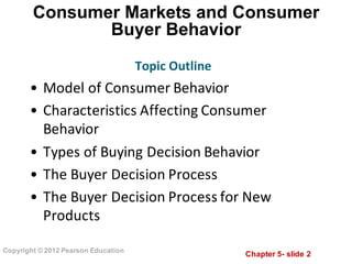 Chapter  5-­ slide  2
Copyright  ©  2012  Pearson  Education
Consumer  Markets  and  Consumer  
Buyer  Behavior
• Model	
  of	
  Consumer	
  Behavior
• Characteristics	
  Affecting	
  Consumer	
  
Behavior
• Types	
  of	
  Buying	
  Decision	
  Behavior
• The	
  Buyer	
  Decision	
  Process
• The	
  Buyer	
  Decision	
  Process	
  for	
  New	
  
Products
Topic	
  Outline
 