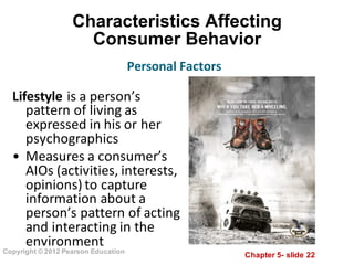 Chapter  5-­ slide  22
Copyright  ©  2012  Pearson  Education
Characteristics  Affecting  
Consumer  Behavior
Lifestyle is	
  a	
  person’s	
  
pattern	
  of	
  living	
  as	
  
expressed	
  in	
  his	
  or	
  her	
  
psychographics
• Measures	
  a	
  consumer’s	
  
AIOs	
  (activities,	
  interests,	
  
opinions)	
  to	
  capture	
  
information	
  about	
  a	
  
person’s	
  pattern	
  of	
  acting	
  
and	
  interacting	
  in	
  the	
  
environment
Personal	
  Factors
 