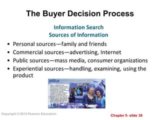 Chapter  5-­ slide  38
Copyright  ©  2012  Pearson  Education
The  Buyer  Decision  Process
• Personal	
  sources—family	
  and	
  friends
• Commercial	
  sources—advertising,	
  Internet
• Public	
  sources—mass	
  media,	
  consumer	
  organizations
• Experiential	
  sources—handling,	
  examining,	
  using	
  the	
  
product
Information	
  Search
Sources	
  of	
  Information
 