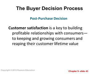 Chapter  5-­ slide  43
Copyright  ©  2012  Pearson  Education
The  Buyer  Decision  Process
Customer	
  satisfaction	
  is	
  a	
  key	
  to	
  building	
  
profitable	
  relationships	
  with	
  consumers—
to	
  keeping	
  and	
  growing	
  consumers	
  and	
  
reaping	
  their	
  customer	
  lifetime	
  value
Post-­‐Purchase	
  Decision
 