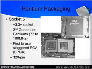 Pentium Packaging
• Socket 5
– +3.3v socket
– 2nd Generation
Pentiums (77 to
100MHz)
– First to use
staggered PGA
(SPGA)
– 320-pin
 