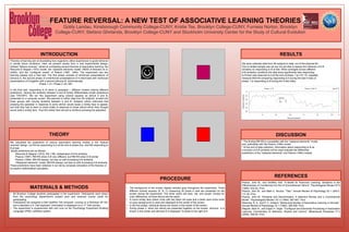 FEATURE REVERSAL: A NEW TEST OF ASSOCIATIVE LEARNING THEORIES
Goldy Landau, Kinsborough Community College-CUNY, Kristie Tse, Brooklyn College-CUNY, Furness Norton, Brooklyn
College-CUNY, Stefano Ghirlanda, Brooklyn College-CUNY and Stockholm University Center for the Study of Cultural Evolution
* The finding RB<RA is compatible with the “replaced elements” model
and, potentially with the Pearce (1994) model.
* At the end of data collection, information about responding to B as
a function of A-B similarity will be used evaluate the differential
predictions of the "replaced elements" and Pearce (1994) models.
DISCUSSION
Pearce, John M., and Geoffrey Hall. "A Model for Pavlovian Learning: Variations in the
Effectiveness of Conditioned but Not of Unconditioned Stimuli." Psychological Review 87.6
(1980): 532-52. Print.
Pearce, John M., and Mark E. Bouton. "Tala." Annual Review of Psychology 52.1 (2001):
111-39. Print.
Pearce, John M. "Similarity and Discrimination: A Selective Review and a Connectionist
Model." Psychological Review 101.4 (1994): 587-607. Print.
Rescorla, R. A., and P. C. Holland. "Behavioral Studies of Associative Learning in Animals."
Annual Review of Psychology 33.1 (1982): 265-308. Print.
Wagner, Allan R., and Edgar H. Vogel. "Configural and Elemental Processing in Associative
Learning: Commentary on Melchers, Shanks and Lachnit." Behavioural Processes 77.3
(2008): 446-50. Print.
REFERENCES
We have collected data from 28 subjects to date, out of the planned 60.
Due to limited sample size we are not yet able to assess the influence of A-B
similarity on responding to B at test. When averaged across different
A-B similarity conditions the data show significantly less responding
to B than was observed to A at the end of phase 1 (p<10^-10, repeated
measure ANOVA comparing responding to A during the last 5 trials of
phase 1 to responding to B during the 5 test trials).
RESULTS
We calculated the predictions of various associative learning models in the “feature
reversal” design. Let RA be responding to A at the end of phase one, and RB responding to
B at test.
Model predictions are as follows:
• Rescorla & Wagner (1972): RA = RB, independent of A-B similarity
• Pearce (1987): RB<RA when A-B very different, but RB>RA when A-B similar
• Pearce (1994): RB>RA always, but less so with increasing A-B similarity
• “Replaced elements” model: RB<RA always, but less so with increasing A-B similarity.
These predictions have been obtained in our lab by computer simulation of the theories or
by explicit mathematical calculation.
THEORY
•  60 Brooklyn College students participated in the experiment. Participants were drawn
from the psychology department’s subject pool and received course credit for
participating.
•  Participants are assigned a Dell OptiPlex 745 computer, running on a Windows XP OS,
and a standard U.S. Dell keyboard. Information is displayed on a 17” Dell monitor.
•  The experiment is programmed with and runs on the Psychology Experiment Building
Language (PEBL) software system.
MATERIALS & METHODS
Theories of learning aim at elucidating how organisms utilize experiences to guide behavior
in similar future conditions. Here we present results from a new experimental design,
dubbed “feature reversal,” aimed at contrasting several theories of associative learning: the
Rescorla & Wagner (1972) model, the “replaced elements model” (REM) of Brandon et al.
(2000), and the “configural model” of Pearce (1987, 1994). The experiment has two
learning phases and a final test. The first phase consists of reinforced presentations of
stimulus A; the second phase of unreinforced presentations of A intermixed with reinforced
presentations of A together with a second stimulus B. Schematically:
Phase 1: A+; Phase 2: A0, AB+
In the final test, responding to B alone is assessed – different models making different
predictions. Varying the similarity between A and B further differentiates model predictions
(see THEORY). We ran this experiment using colored squares as stimuli A and B,
presented on a computer screen. We planned to collect data from 60 subjects, divided into
three groups with varying similarity between A and B. Subjects where instructed that
pressing the spacebar in response to some stimuli would cause a smiley face to appear,
and that they had to learn to press solely in response to those stimuli which they thought
would yield a smiley face. Thus the smiley face served to reinforce pressing the spacebar.
INTRODUCTION
•  The background of the screen display remains gray throughout the experiment. Three
different colored squares (A, B, C) measuring 50 pixels in side are presented on the
screen during the experiment. The three colors are blue, red, and purple. Except for
color differences, all three stimuli are the same.
•  A round smiley face (black circle with two black dot eyes and a black semi-circle smile
on gray background) is used and displayed at the center of the screen.
•  In the first phase, individual stimuli are shown in the center of the screen.
•  During phase 2, when two stimuli are presented together on the screen, stimulus A is
shown in the center and stimulus B is displayed 15 pixels to the right of A.
PROCEDURE
 