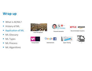 Wrap up
 What is AI/ML?
 History of ML
 Application of ML
 ML Glossary
 ML Types
 ML Process
 ML Algorithms
 
