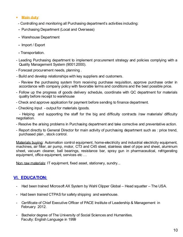 resume format for purchase manager