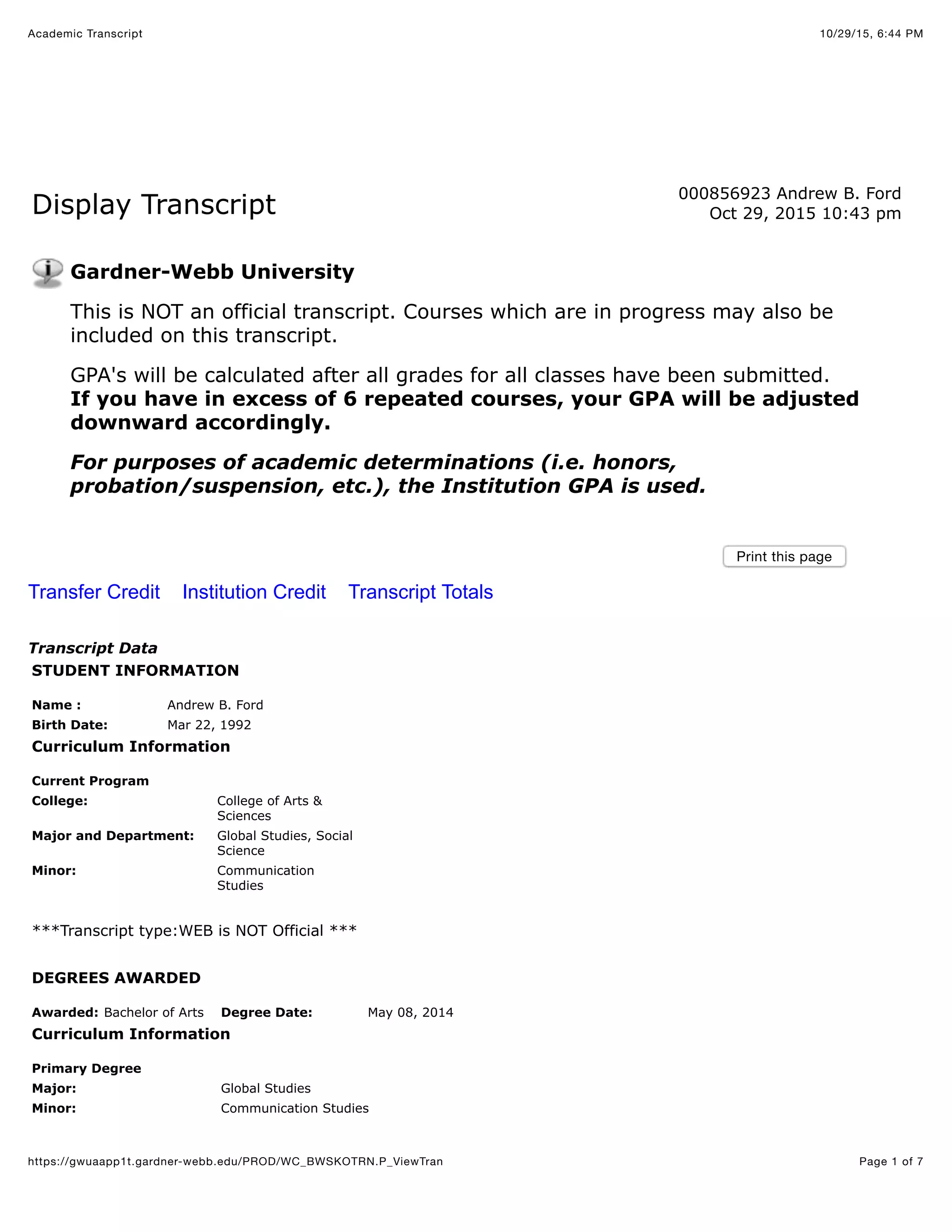 Academic Transcript | PDF | Undergraduate Education | College Education