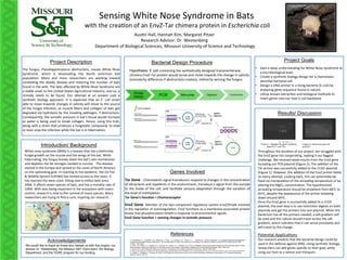 Sensing	White	Nose	Syndrome	in	Bats	
	with	the	crea5on	of	an	EnvZ-Tar	chimera	protein	in	Escherichia	coli	
Aus5n	Hall,	Hannah	Kim,	Margaret	Pitzer		
Research	Advisor:	Dr.	Westenberg	
	Department	of	Biological	Sciences,,, Missouri	University	of	Science	and	Technology	
Project Description
The	 fungus,	 Pseudogymnoascus	 destructans,	 causes	 White	 Nose	
Syndrome,	 which	 is	 devasta5ng	 the	 North	 American	 bat	
popula5on.	 More	 and	 more	 researchers	 are	 working	 toward	
comba5ng	the	deadly	disease	and	restoring	the	number	of	bats	
found	in	the	wild.	The	bats	aﬀected	by	White	Nose	Syndrome	are	
a	viable	asset	to	the	United	States	Agricultural	Industry,	and	so,	a	
remedy	 needs	 to	 be	 found.	 Our	 aPempt	 at	 an	 answer	 uses	 a	
synthe5c	 biology	 approach.	 It	 is	 expected	 that	 an	 E.	 coli	 strain	
able	to	move	towards	changes	in	salinity	will	move	to	the	source	
of	the	fungal	infec5on,	as	muscle	ﬁbers	and	collagen	of	bats	get	
degraded	via	hydrolysis	by	the	invading	pathogen,	P.destructans.	
Consequently,	the	osmo5c	pressure	in	bat’s	5ssue	would	increase	
as	water	is	being	used	to	break	collagen.	Hence,	using	this	trait,	
along	with	a	strain	that	produces	a	fungista5c	compound,	to	slow	
or	even	stop	the	infec5on	while	the	bat	is	in	hiberna5on.		
	
Genes Involved
	
Tar	Gene	-	Chemotac5c-signal	transducers	respond	to	changes	in	the	concentra5on	
of	aPractants	and	repellents	in	the	environment,	transduce	a	signal	from	the	outside	
to	the	inside	of	the	cell,	and	facilitate	sensory	adapta5on	through	the	varia5on	of	
the	level	of	methyla5on		
Tar	Gene’s	func-on	=	Chemoreceptor	
	
EnvZ	Gene-	Member	of	the	two-component	regulatory	system	EnvZ/OmpR	involved	
in	the	regula5on	of	osmoregula5on.	EnvZ	func5ons	as	a	membrane-associated	protein	
kinase	that	phosphorylates	OmpR	in	response	to	environmental	signals.		
EnvZ	Gene	func-on	=	sensing	changes	in	osmo-c	pressure	
Project Goals
	
•  Gain	a	deep	understanding	for	White	Nose	Syndrome	at	
a	microbiological	level.	
•  Create	a	synthe5c	biology	design	for	a	chemotaxis	
sensi5ve	bacterial	cell.		
•  Design	a	DNA	primer	in	a	living	bacteria	(E.coli)	by	
analyzing	gene	sequence	found	in	nature.		
•  U5lize	known	extrac5on	and	biological	methods	to	
insert	genes	into	our	host	E.coli	backbone	
Bacterial Design Procedure
	Hypothesis: E.coli containing	the	synthe5cally	designed	transmembrane	
chimera	EnvZ-Tar	protein	would	sense	and	move	towards	the	change	in	salinity	
(osmolarity	diﬀerence	P.destructans	creates),	indirectly	sensing	the	fungus.	
	
Results/ Discussion
References
1. O’Donoghue, A. J., Knudsen, G. M., Beekman, C., Perry, J. A., Johnson, A. D., Derisi, J. L., . . . Bennett, R. J. (2015). Destructin-1 is a collagen-degrading endopeptidase
secreted by Pseudogymnoascus destructans , the causative agent of white-nose syndrome.Proceedings of the National Academy of Sciences Proc Natl Acad Sci USA,
112(24), 7478-7483.
2. Lorch, J. M., Muller, L. K., Russell, R. E., O'connor, M., Lindner, D. L., & Blehert, D. S. (2012). Distribution and Environmental Persistence of the Causative Agent of White-
Nose Syndrome, Geomyces destructans, in Bat Hibernacula of the Eastern United States. Applied and Environmental Microbiology, 79(4), 1293-1301.
3. Fenton, M. B. (2012). Bats and white-nose syndrome. Proceedings of the National Academy of Sciences, 109(18), 6794-6795.
4. White Nose Syndrome of Bats Fact Sheet | Washington Department of Fish & Wildlife. (n.d.). Retrieved March 30, 2016, from http://wdfw.wa.gov/conservation/health/wns/
5. Yoshida, T., Phadtare, S., & Inouye, M. (2007). The Design and Development of Tar-EnvZ Chimeric Receptors. Methods in Enzymology Two-Component Signaling
Systems, Part B, 166-183.
Introduction/ Background
White-nose	syndrome	(WNS)	is	a	disease	that	has	a	dis5nc5ve	
fungal	growth	on	the	muzzle	and	the	wings	of	the	bat.	While	
hiberna5ng,	the	fungus	breaks	down	the	bat’s	skin	membranes	
and	depletes	the	fat	storages	needed	to	survive.			The	disease	
started	in	the	Europe	and	spread	to	the	caves	of	North	America	
on	the	spelunking	gear.	In	reac5ng	to	the	epidemic,	the	US	Fish	
&	Wildlife	Service	(USFWS)	has	limited	access	to	the	caves.	It	
has	reached	the	west	coast,	killing	over	6	million	bats	since	
2006.	It	aﬀects	seven	species	of	bats,	and	has	a	morality	rate	of	
100%.	With	bats	being	important	in	the	ecosystem	with	insect	
control,	research	is	vital	to	the	survival	of	many	species.	Many	
researchers	are	trying	to	ﬁnd	a	cure,	inspiring	our	research.		
Acknowledgements
We would like to thank all those who helped us with this project, our
advisor Dr. Westenberg, the Missouri S&T iGem team, the Biology
Department, and the OURE program for our funding.
Primer
Design PCR Mini prep Digestion Transformation
T1 T2 T2-2 λ
<Figure 1- Digested Tar gene containing
plasmid (T1 and T2)>
<Figure 2- PCR EnvZ gene (E1
and E2)>
Throughout	the	dura5on	of	our	project,	we	struggled	with	
the	EnvZ	gene	not	coopera5ng,	making	it	our	biggest	
challenge.	We	received	weak	results	from	the	EnvZ	gene	
including	our	PCR	plasmid	(Figure	2).	The	addi5on	of	the	
Tar	primer	was	successfully	added	to	the	J1101	plasmid	
(Figure	1).	However,	the	addi5on	of	the	EnvZ	primer	failed	
on	every	aPempt.	Looking	back,	this	can	poten5ally	be	
ﬁxed	via	manipula5on	of	the	annealing	temperature	or	by	
altering	the	MgCl₂	concentra5on.	The	hypothesized	
annealing	temperature	should	be	anywhere	from	68०C	to	
65०C,	despite	the	appearance	of	the	primer	breaking	
down	around	60०C.		
Once	the	EnvZ	gene	is	successfully	added	to	a	J1101	
plasmid,	the	next	step	is	to	use	restric5on	digests	on	both	
plasmids	and	get	the	primers	into	one	plasmid.	When	the	
bacterium	has	all	the	primers	needed,	a	salt	gradient	will	
be	used	and	the	culture	should	travel	across	the	salt	
gradient,	which	indicates	that	it	can	sense	osmolality	and	
will	travel	to	the	change.		
	
Poten5al	Applica5ons	
Our	research	predicts	that	the	bacterial	design	could	be	
used	in	the	defense	against	WNS.	Using	synthe5c	biology,	
researchers	can	add	genes	speciﬁc	to	their	goal,	while	
using	our	host	as	a	sensor	and	transport.		
	
 