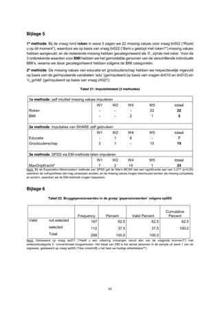 93
Bijlage 5
1e
methode: Bij de vraag rond roken in wave 5 zagen we 22 missing values voor vraag br002 (“Rookt
u op dit moment”), waardoor we op basis van vraag br022 (“Bent u gestopt met roken?”) missing values
hebben aangevuld, en de resterende missing hebben gecategoriseerd als ‘0’, zijnde niet roker. Voor de
3 ontbrekende waarden voor BMI hebben we het gemiddelde genomen van de verschillende individuele
BMI’s, waarna we deze gecategoriseerd hebben volgens de BMI categorieën.
2e
methode: De missing values van educatie en grootouderschap hebben we respectievelijk ingevuld
op basis van de geïmputeerde variabelen ‘edu’ (geïmputeerd op basis van vragen dn010 en dn012) en
‘n_gchild’ (geïmputeerd op basis van vraag ch021).
Tabel 21: Imputatietabel (3 methodes)
1e methode: zelf intuïtief missing values imputeren
W1 W2 W4 W5 totaal
Roken - - - 22 22
BMI - - 2 1 3
2e methode: imputaties van SHARE zelf gebruiken
W1 W2 W4 W5 totaal
Educatie - 1 6 - 7
Grootouderschap 3 1 - 15 19
3e methode: SPSS via EM-methode laten imputeren
W1 W2 W4 W5 totaal
MaxGripKracht* 7 2 14 1 24
Noot. Bij de Expectation-Maximization methode van SPSS gaf de little’s MCAR test een significantie aan van 0,277 (p>0,05)
waardoor de nulhypothese niet mag verworpen worden, en de missing values mogen beschouwd worden als missing completely
at random, waardoor we de EM-methode mogen toepassen.
Bijlage 6
Tabel 22. Bruggepensioneerden in de groep ‘gepensioneerden’ volgens ep005
Frequency Percent Valid Percent
Cumulative
Percent
Valid not selected 187 62,5 62,5 62,5
selected 112 37,5 37,5 100,0
Total 299 100,0 100,0
Noot. Gebaseerd op vraag ep071 (“Heeft u een uitkering ontvangen vanuit één van de volgende bronnen?”) met
antwoordcategorie 2: ‘conventioneel brugpensioen. Het totaal van 299 is het aantal personen in de sample uit wave 1 van de
regressie, gebaseerd op vraag ep005 (“Hoe omschrifjt u het best uw huidige arbeidstatus?”)
 