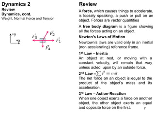 7
3rd Law – Action-Reaction
When one object exerts a force on another
object, the other object exerts an equal
and opposite force on the first.
Newton’s Laws of Motion
1st Law – Inertia
An object at rest, or moving with a
constant velocity, will remain that way
unless acted upon by an outside force.
2nd Law –
The net force on an object is equal to the
product of the object’s mass and its
acceleration.
Newtown’s laws are valid only in an inertial
(non accelerating) reference frame.
A free body diagram is a figure showing
all the forces acting on an object.
+x
+y
A force, which causes things to accelerate,
is loosely speaking, a push or pull on an
object. Forces are vector quantities
Dynamics 2
Review
Dynamics, cont.
Weight, Normal Force and Tension
Review
 