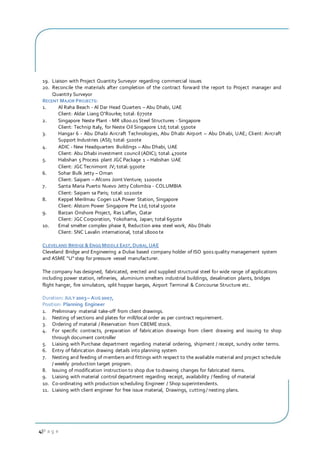 4|P a g e
19. Liaison with Project Quantity Surveyor regarding commercial issues
20. Reconcile the materials after completion of the contract forward the report to Project manager and
Quantity Surveyor
RECENT MAJOR PROJECTS:
1. Al Raha Beach - Al Dar Head Quarters – Abu Dhabi, UAE
Client: Aldar Liang O'Rourke; total: 6770te
2. Singapore Neste Plant - MR 1800.01 Steel Structures - Singapore
Client: Technip Italy, for Neste Oil Singapore Ltd; total: 5500te
3. Hangar 6 - Abu Dhabi Aircraft Technologies, Abu Dhabi Airport – Abu Dhabi, UAE; Client: Aircraft
Support Industries (ASI); total: 5100te
4. ADIC - New Headquarters Buildings – Abu Dhabi, UAE
Client: Abu Dhabi investment council (ADIC); total: 4700te
5. Habshan 5 Process plant JGC Package 1 – Habshan UAE
Client: JGC Tecnimont JV; total: 9500te
6. Sohar Bulk Jetty – Oman
Client: Saipam – Afcons Joint Venture; 11000te
7. Santa Maria Puerto Nuevo Jetty Colombia - COLUMBIA
Client: Saipam sa Paris; total: 10200te
8. Keppel Merilmau Cogen 11A Power Station, Singapore
Client: Alstom Power Singapore Pte Ltd; total 1500te
9. Barzan Onshore Project, Ras Laffan, Qatar
Client: JGC Corporation, Yokohama, Japan; total 6950te
10. Emal smelter complex phase II, Reduction area steel work, Abu Dhabi
Client: SNC Lavalin international, total 18000 te
CLEVELAND BRIDGE & ENGGMIDDLE EAST,DUBAI,UAE
Cleveland Bridge and Engineering a Dubai based company holder of ISO 9001 quality management system
and ASME "U" step for pressure vessel manufacturer.
The company has designed, fabricated, erected and supplied structural steel for wide range of applications
including power station, refineries, aluminium smelters industrial buildings, desalination plants, bridges
flight hanger, fire simulators, split hopper barges, Airport Terminal & Concourse Structure etc.
Duration: JULY 2003– AUG 2007,
Position: Planning Engineer
1. Preliminary material take-off from client drawings.
2. Nesting of sections and plates for mill/local order as per contract requirement.
3. Ordering of material / Reservation from CBEME stock.
4. For specific contracts, preparation of fabrication drawings from client drawing and issuing to shop
through document controller
5. Liaising with Purchase department regarding material ordering, shipment / receipt, sundry order terms.
6. Entry of fabrication drawing details into planning system
7. Nesting and feeding of members and fittings with respect to the available material and project schedule
/ weekly production target program.
8. Issuing of modification instruction to shop due to drawing changes for fabricated items.
9. Liaising with material control department regarding receipt, availability / feeding of material
10. Co-ordinating with production scheduling Engineer / Shop superintendents.
11. Liaising with client engineer for free issue material, Drawings, cutting / nesting plans.
 