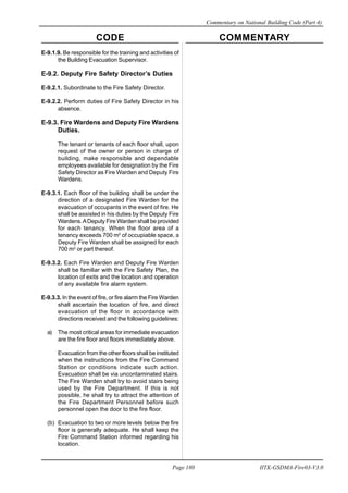 CODE COMMENTARY
Commentary on National Building Code (Part 4)
180
Page 180 IITK-GSDMA-Fire03-V3.0
E-9.1.9. Be responsible for the training and activities of
the Building Evacuation Supervisor.
E-9.2. Deputy Fire Safety Director’s Duties
E-9.2.1. Subordinate to the Fire Safety Director.
E-9.2.2. Perform duties of Fire Safety Director in his
absence.
E-9.3. Fire Wardens and Deputy Fire Wardens
Duties.
The tenant or tenants of each floor shall, upon
request of the owner or person in charge of
building, make responsible and dependable
employees available for designation by the Fire
Safety Director as Fire Warden and Deputy Fire
Wardens.
E-9.3.1. Each floor of the building shall be under the
direction of a designated Fire Warden for the
evacuation of occupants in the event of fire. He
shall be assisted in his duties by the Deputy Fire
Wardens.ADeputy Fire Warden shall be provided
for each tenancy. When the floor area of a
tenancy exceeds 700 m2
of occupiable space, a
Deputy Fire Warden shall be assigned for each
700 m2
or part thereof.
E-9.3.2. Each Fire Warden and Deputy Fire Warden
shall be familiar with the Fire Safety Plan, the
location of exits and the location and operation
of any available fire alarm system.
E-9.3.3. In the event of fire, or fire alarm the Fire Warden
shall ascertain the location of fire, and direct
evacuation of the floor in accordance with
directions received and the following guidelines:
a) The most critical areas for immediate evacuation
are the fire floor and floors immediately above.
Evacuation from the other floors shall be instituted
when the instructions from the Fire Command
Station or conditions indicate such action.
Evacuation shall be via uncontaminated stairs.
The Fire Warden shall try to avoid stairs being
used by the Fire Department. If this is not
possible, he shall try to attract the attention of
the Fire Department Personnel before such
personnel open the door to the fire floor.
(b) Evacuation to two or more levels below the fire
floor is generally adequate. He shall keep the
Fire Command Station informed regarding his
location.
 